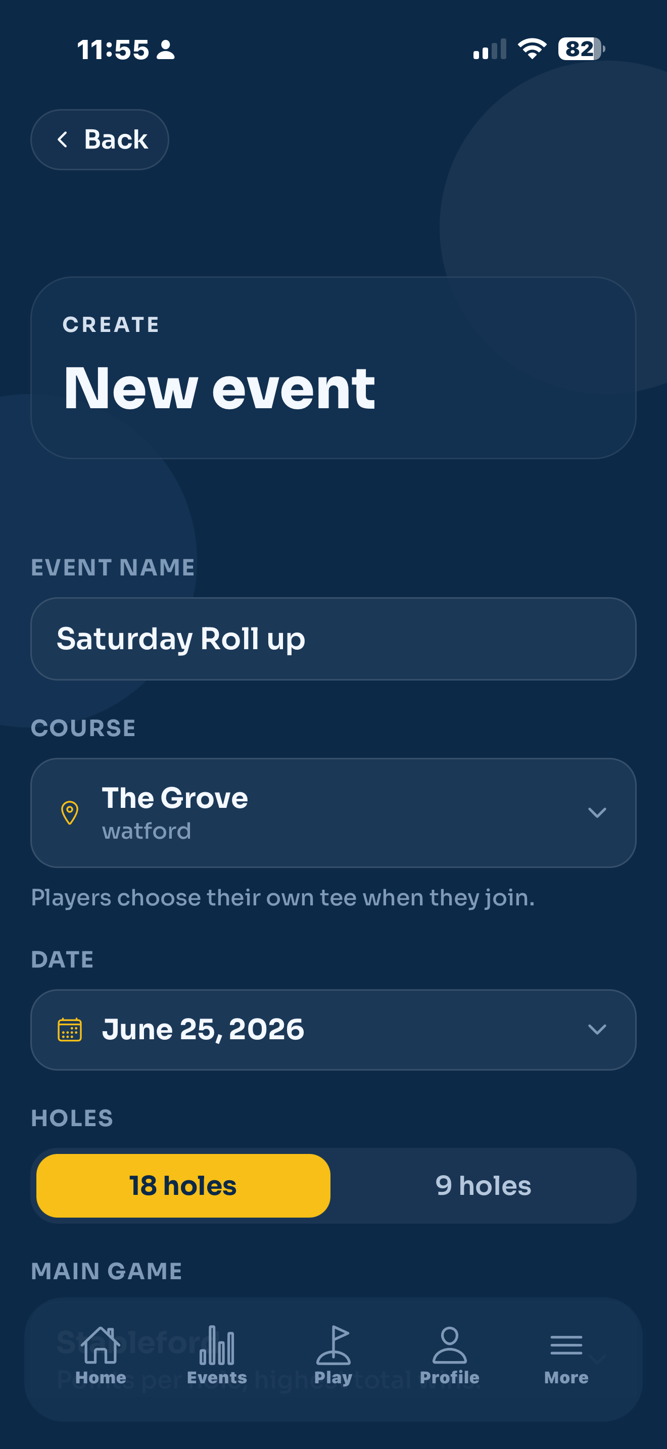 The event setup screen showing event name, course, date and holes