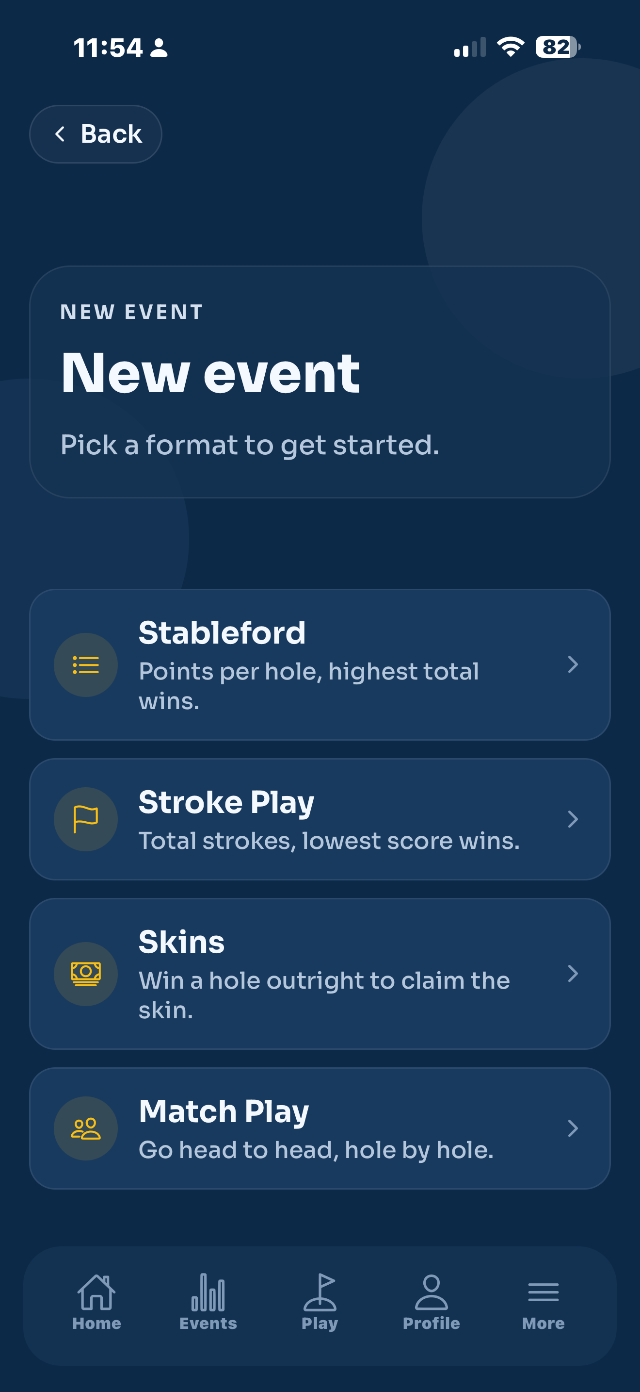 The New event screen where you pick a format: Stableford, Stroke Play, Skins or Match Play