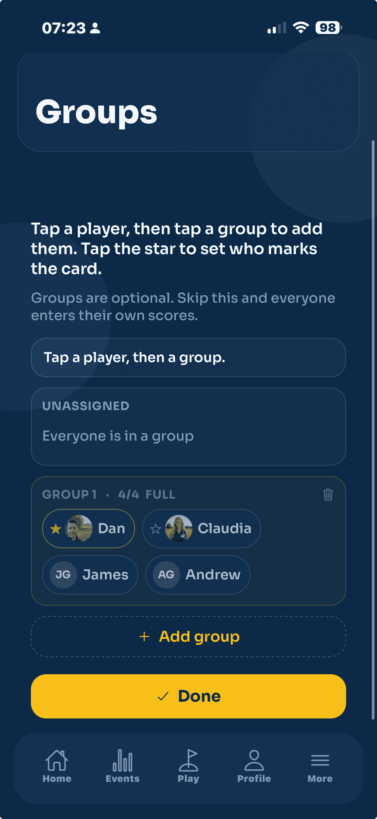 The Groups screen, with the star marking the player who keeps score for each group