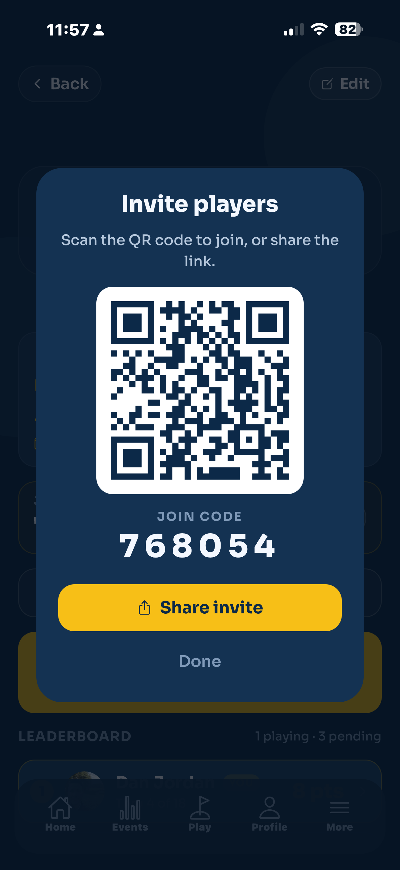 The invite screen with a QR code and a join code for players to join