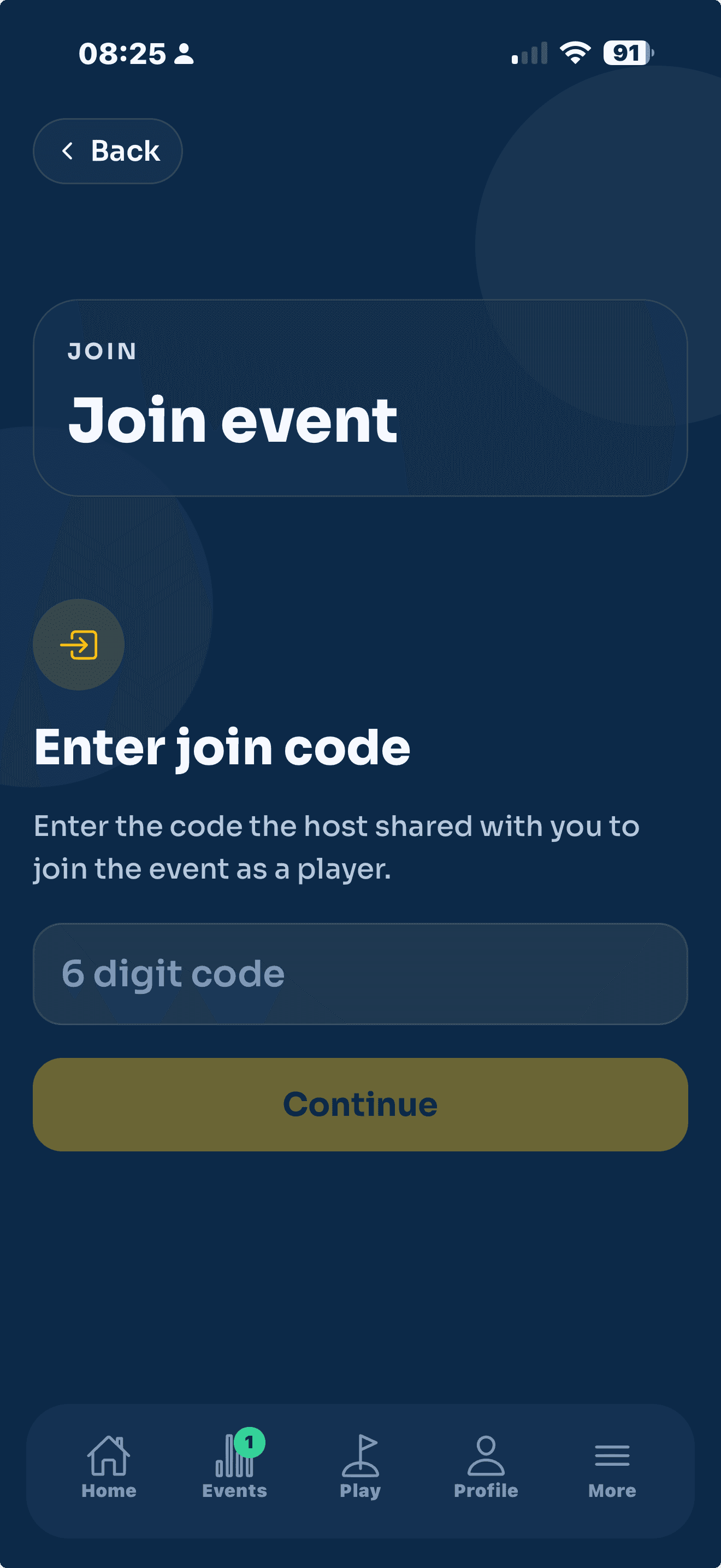 The Enter join code screen, where you type the six digit code and tap Continue