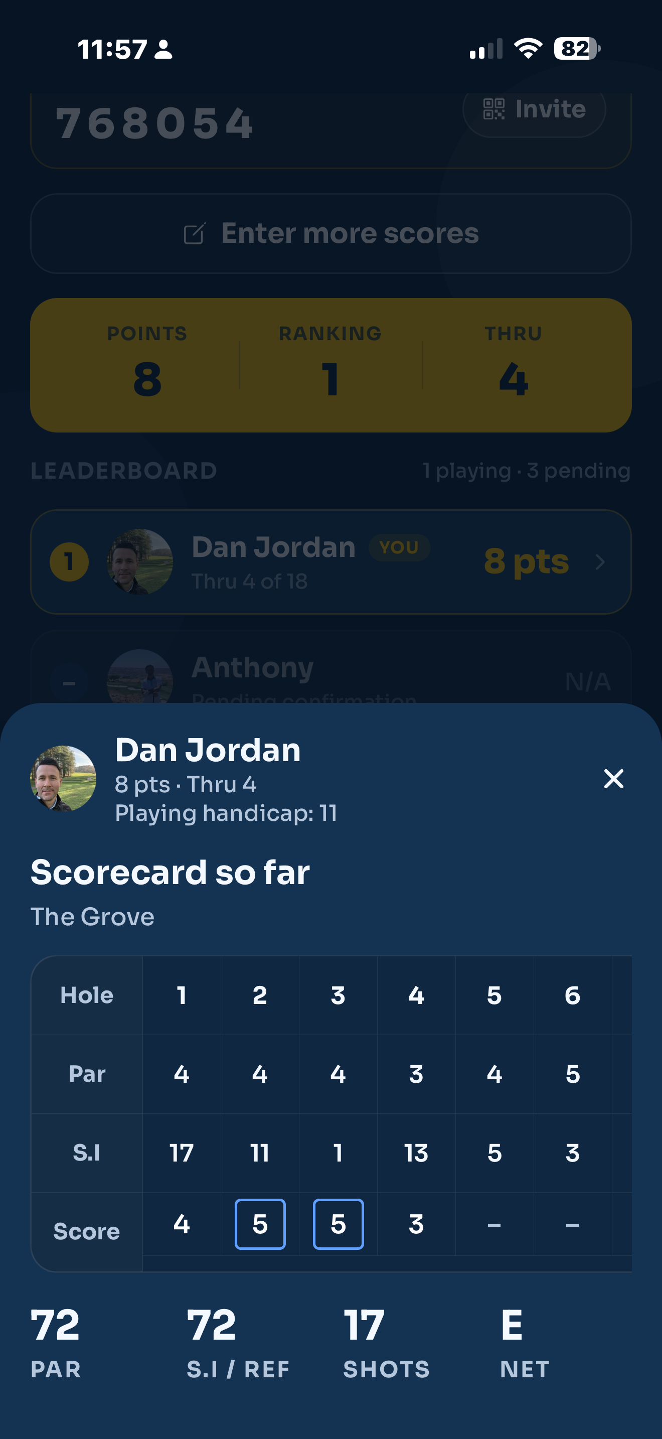 The standings list with a player's full hole by hole scorecard opened