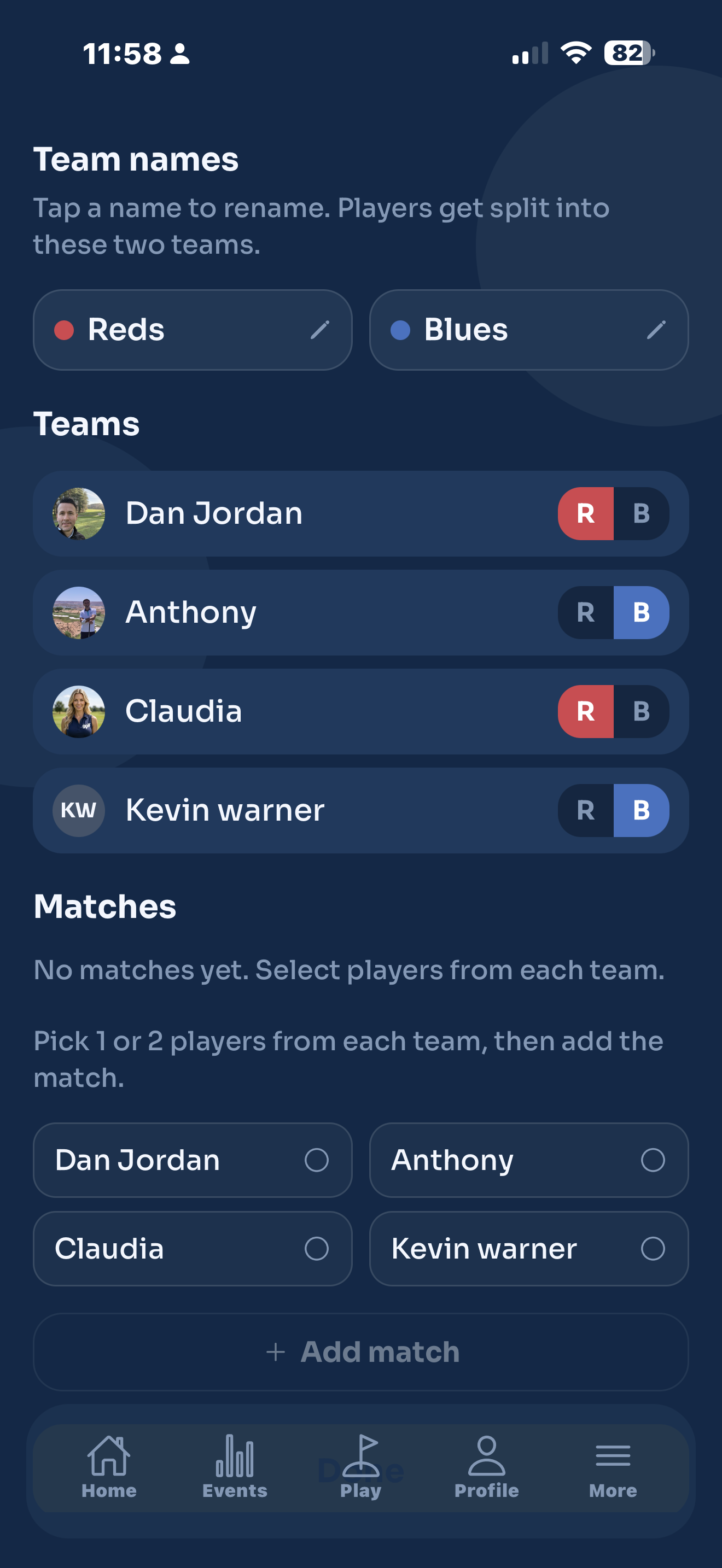The Teams and matches screen, with players split into Reds and Blues and no matches built yet